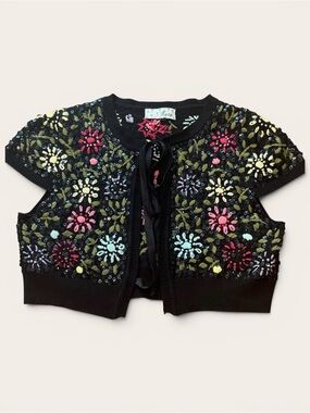 Have Black Floral Embroidered Sequin Shrug, Size Medium, Vintage!